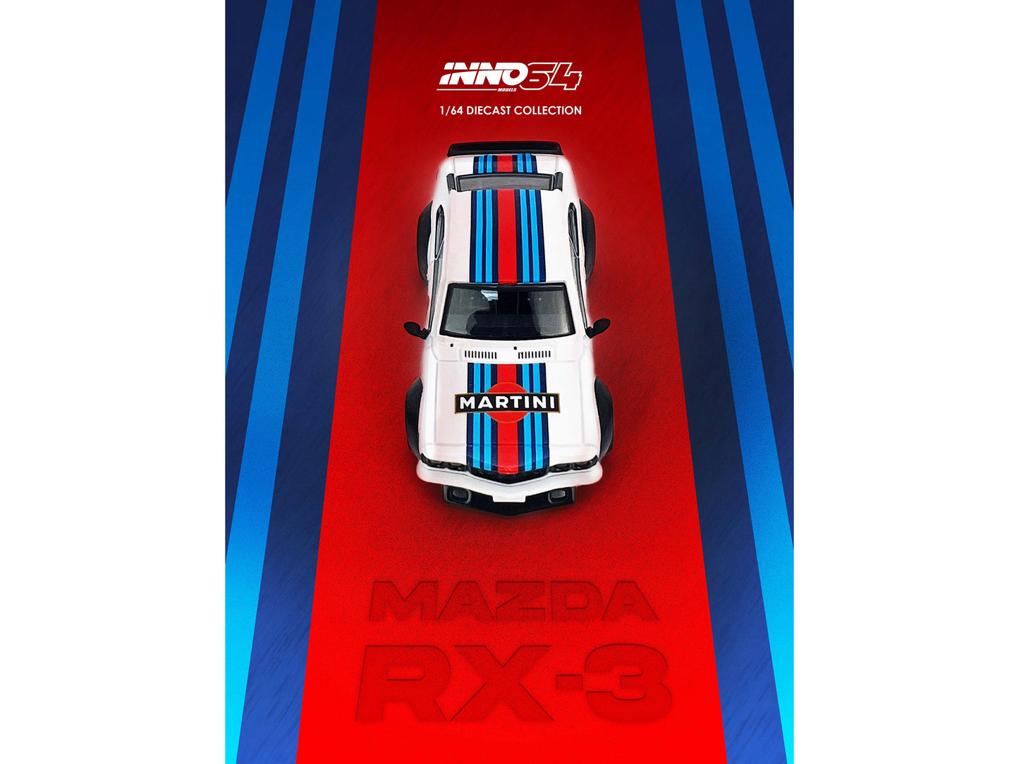 Mazda RX-3 Savanna RHD (Right Hand Drive) "Martini Racing Livery" White with Red and Blue Stripes 1/64 Diecast Model Car by Inno Models