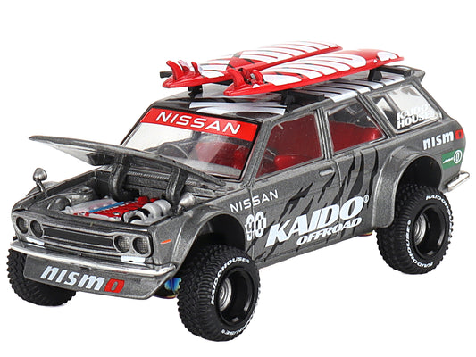 Datsun Kaido 510 Wagon 4x4 RHD (Right Hand Drive) "Kaido Offroad V1" Gray Metallic with Red Interior and Surfboards on Roof (Designed by Jun Imai) "Kaido House" Special 1/64 Diecast Model Car by Mini GT
