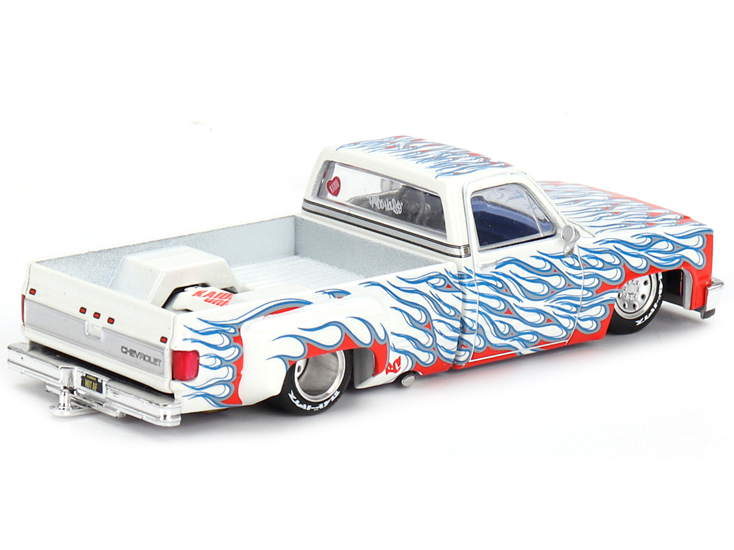 Chevrolet Silverado Dually Pickup Truck "On Fire V2" White Metallic with Blue Flames and Blue Interior (Designed by Jun Imai) "Kaido House" Special 1/64 Diecast Model Car by Mini GT