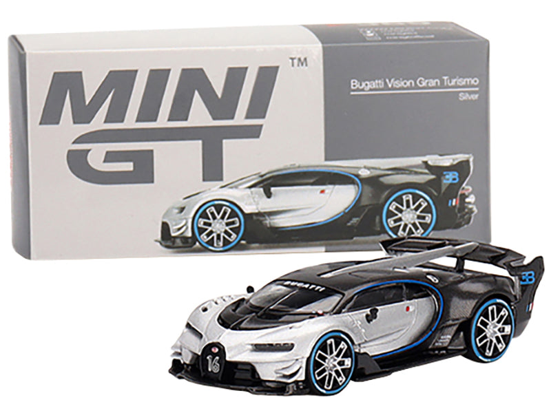 Bugatti Vision Gran Turismo Silver Metallic and Carbon Limited Edition to 9600 pieces Worldwide 1/64 Diecast Model Car by Mini GT