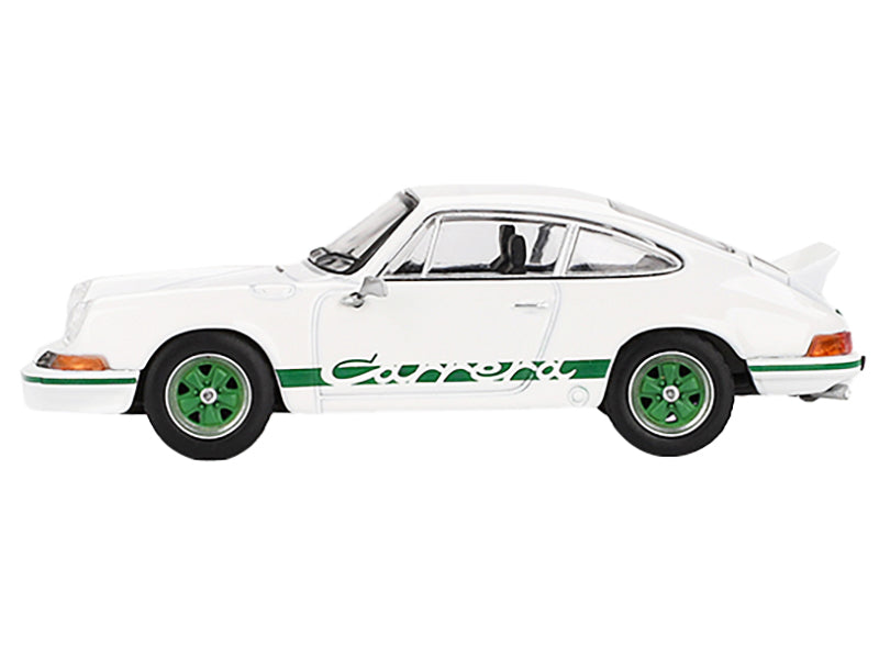 Porsche 911 Carrera RS 2.7 Grand Prix White with Green Stripes and Wheels Limited Edition 1/64 Diecast Model Car by Mini GT