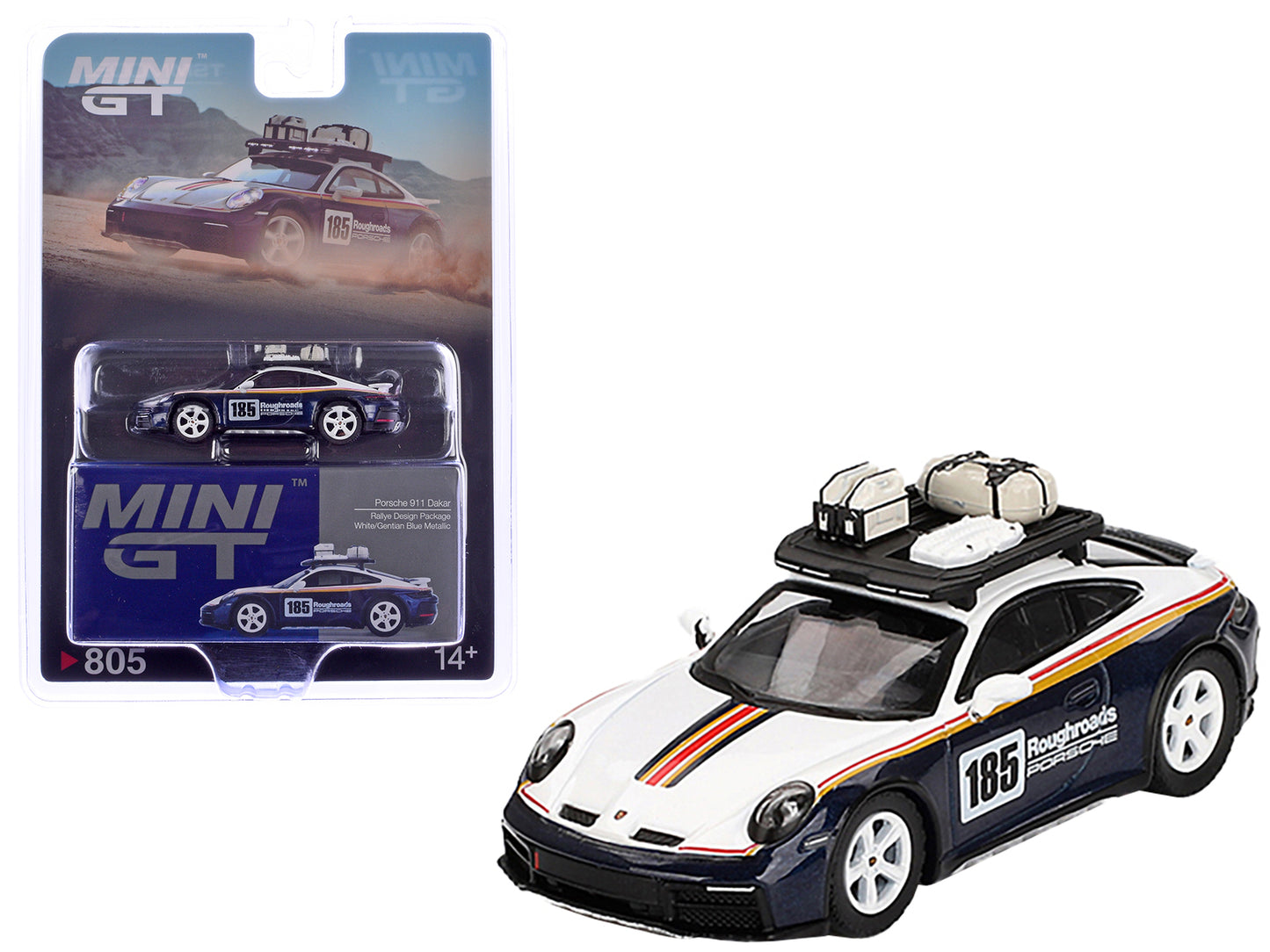 Porsche 911 Dakar Rallye Design Package #185 "Roughroads Porsche" White and Gentian Blue Metallic with Roofrack and Luggage Limited Edition 1/64 Diecast Model Car by Mini GT