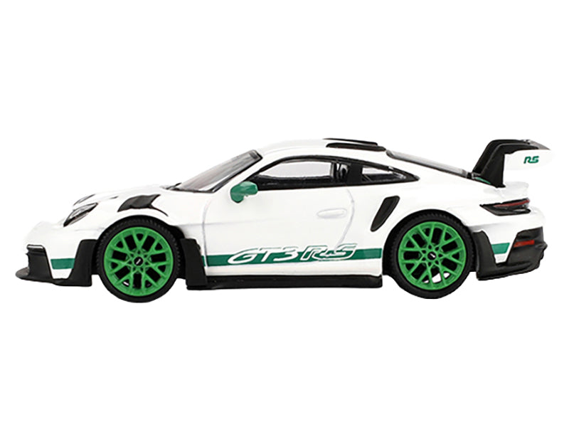 Porsche 911 (992) GT3 RS White with Green Stripes and Wheels "Tribute to Carrera RS Package" Limited Edition 1/64 Diecast Model Car by Mini GT