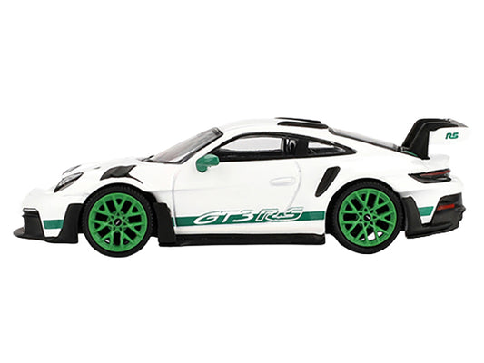 Porsche 911 (992) GT3 RS White with Green Stripes and Wheels "Tribute to Carrera RS Package" Limited Edition 1/64 Diecast Model Car by Mini GT
