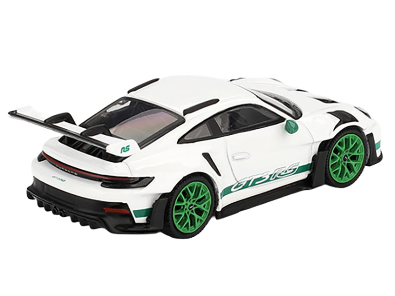 Porsche 911 (992) GT3 RS White with Green Stripes and Wheels "Tribute to Carrera RS Package" Limited Edition 1/64 Diecast Model Car by Mini GT