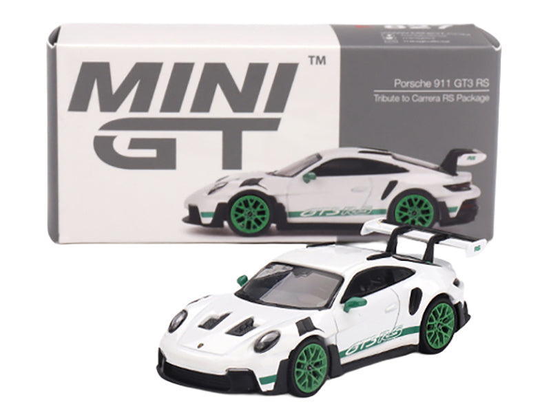 Porsche 911 (992) GT3 RS White with Green Stripes and Wheels "Tribute to Carrera RS Package" Limited Edition 1/64 Diecast Model Car by Mini GT