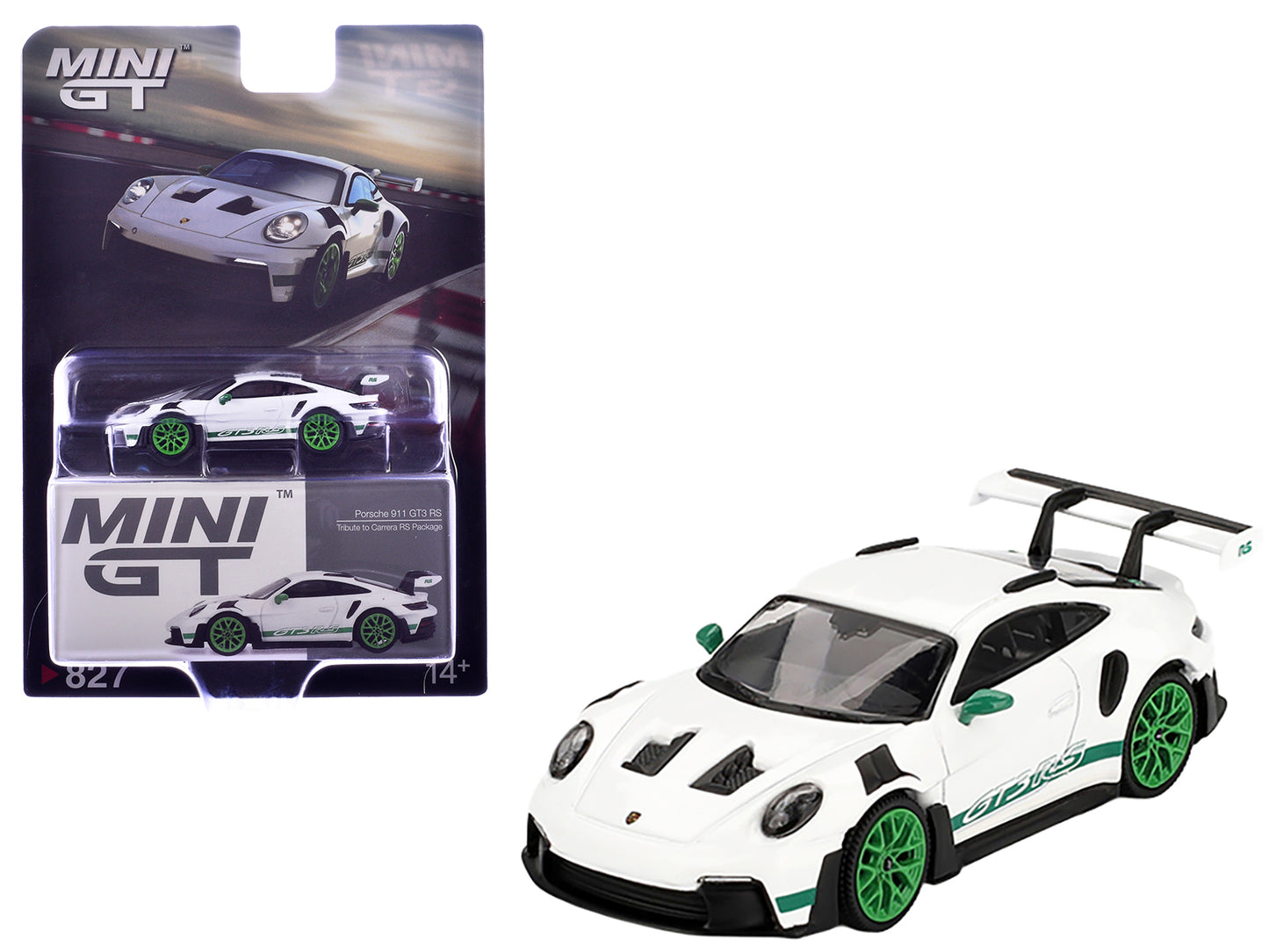 Porsche 911 (992) GT3 RS White with Green Stripes and Wheels "Tribute to Carrera RS Package" Limited Edition 1/64 Diecast Model Car by Mini GT