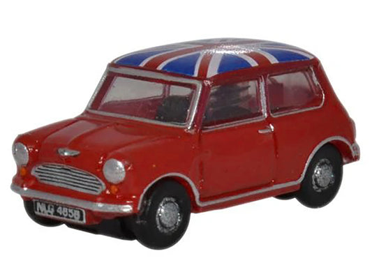 Austin Mini RHD (Right Hand Drive) Tartan Red with Union Jack Top 1/148 (N) Scale Diecast Model Car by Oxford Diecast