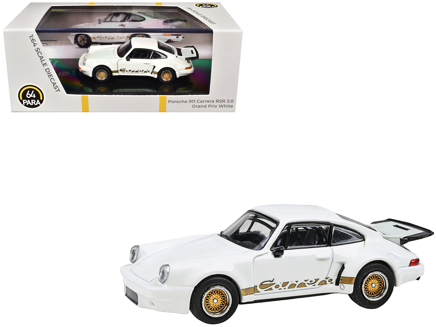Porsche 911 Carrera RSR 3.0 Grand Prix White with Gold Stripes and Wheels 1/64 Diecast Model Car by Paragon Models