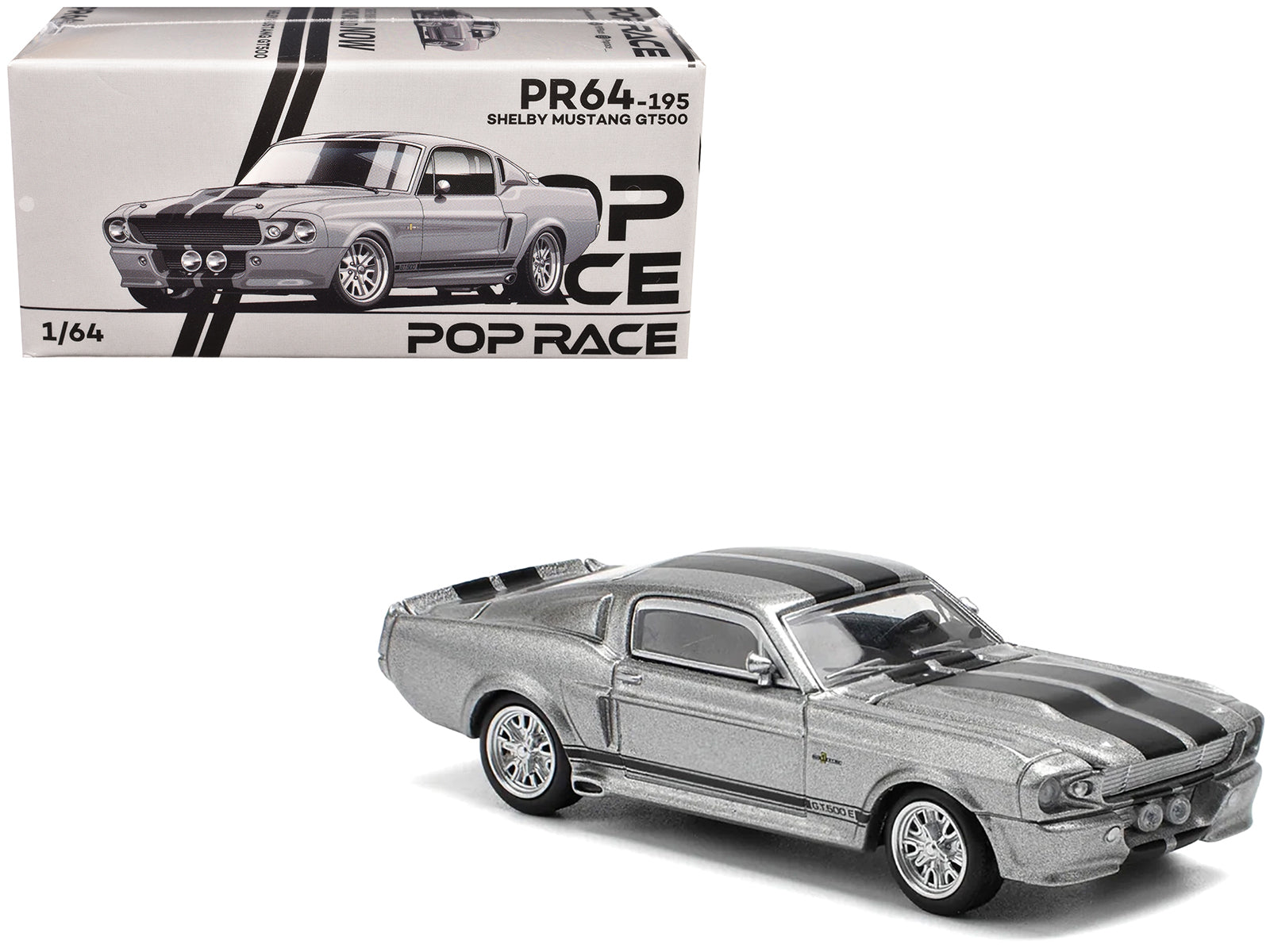 Shelby Mustang GT500 Gray Metallic with Black Stripes 1/64 Diecast Model Car by Pop Race
