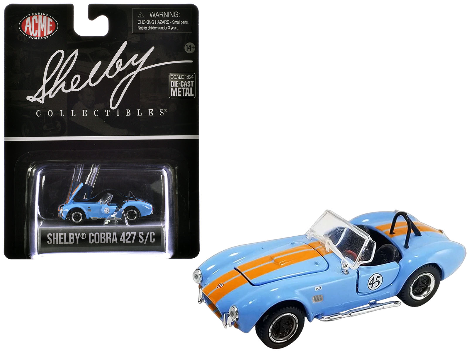 Shelby Cobra 427 S/C #45 Light Blue with Orange Stripes "Shelby Collectibles" Series 1/64 Diecast Model Car by ACME