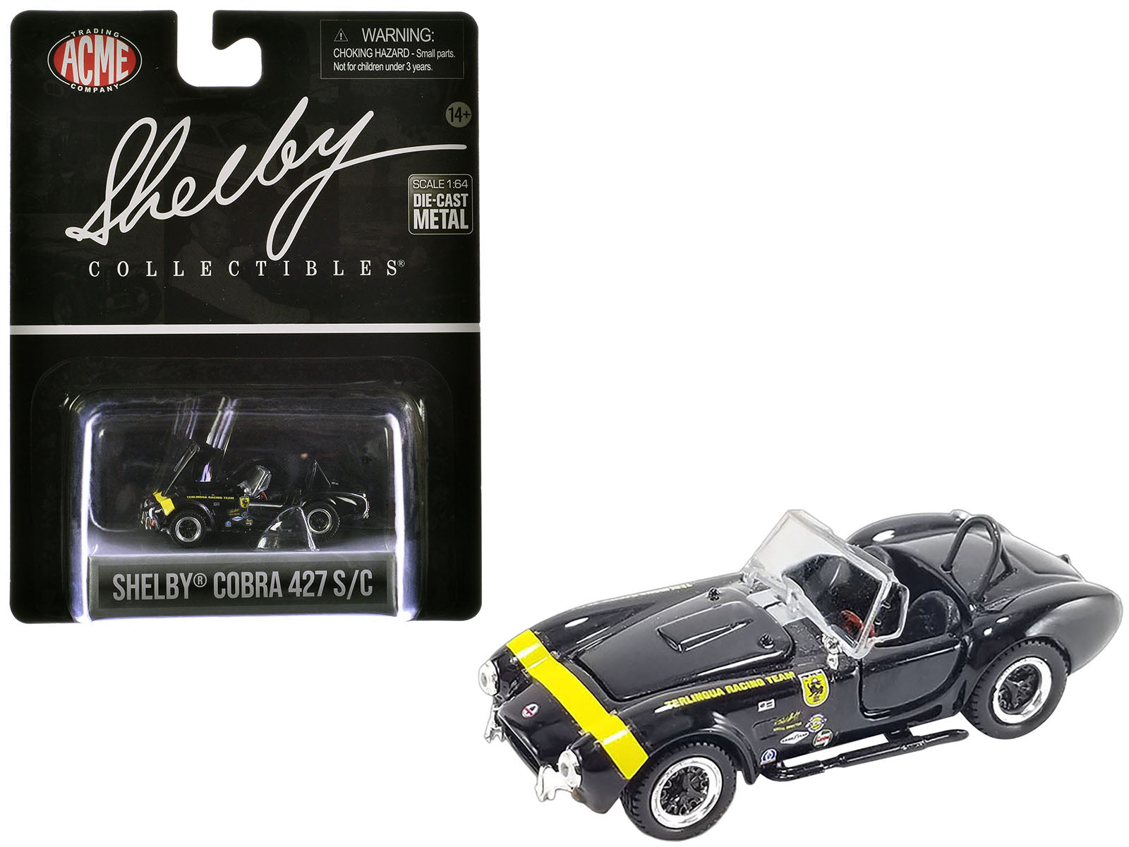 Shelby Cobra 427 S/C "Terlingua Racing Team" Black with Yellow Stripe "Shelby Collectibles" Series 1/64 Diecast Model Car by ACME