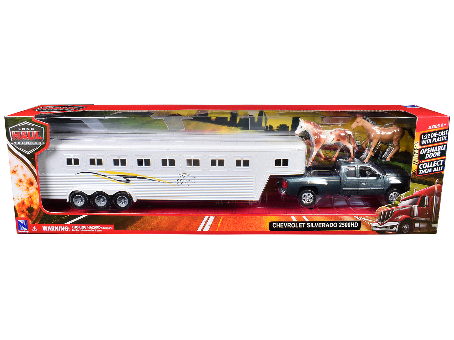 Chevrolet Silverado 2500HD Pickup Truck Gray Metallic with Horse Trailer White and Horse Figures "Long Haul Truckers" Series 1/32 Diecast Model by New Ray