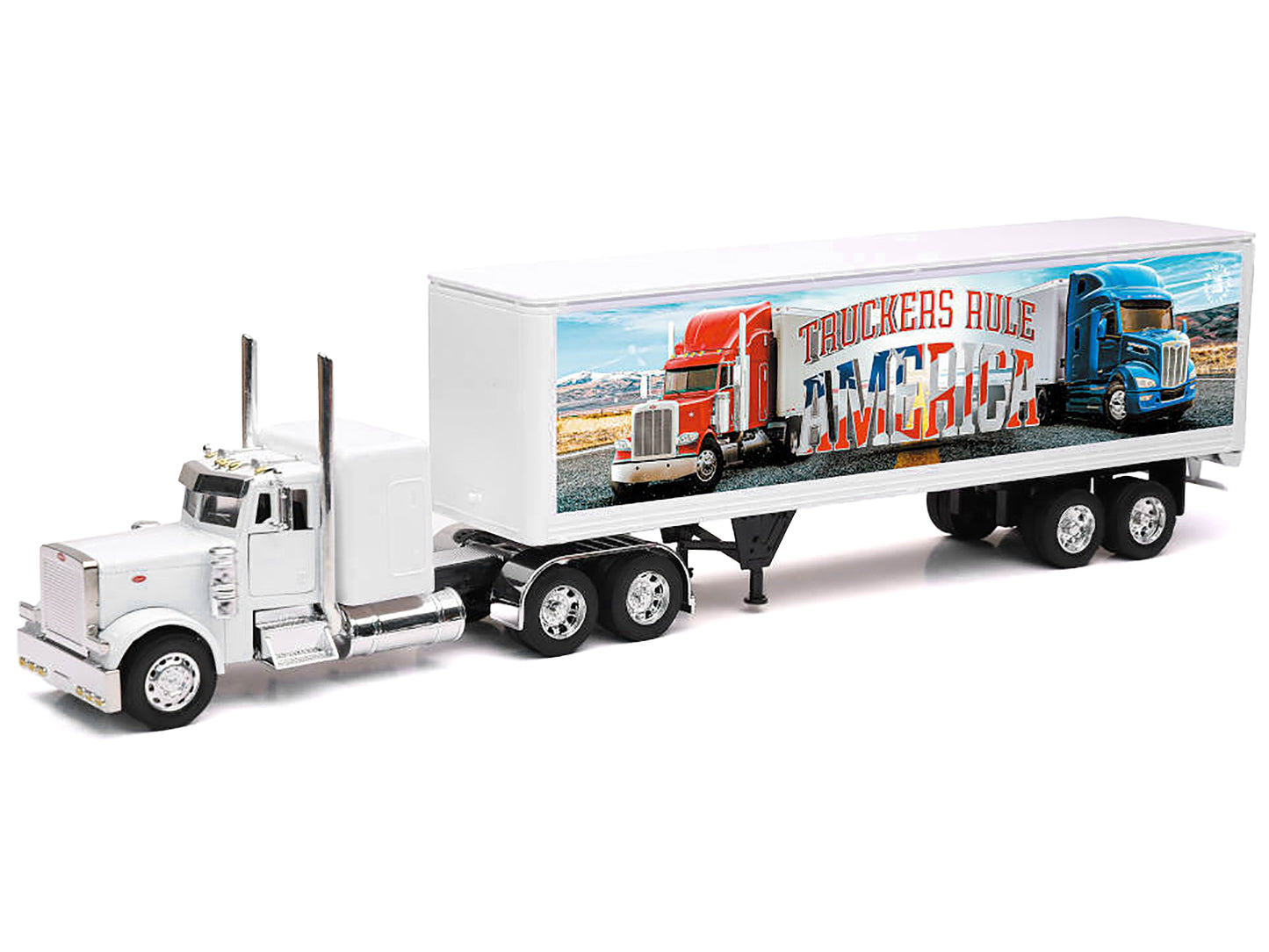 Peterbilt 379 Truck White with Dry Van Trailer "Truckers Rule America" "Long Haul Truckers" Series 1/32 Diecast Model by New Ray