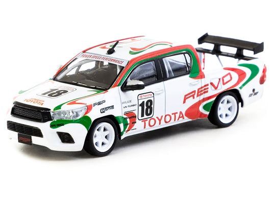 Toyota Hilux Pickup Truck RHD (Right Hand Drive) #18 White with Red and Green Graphics "Hobby64" Series 1/64 Diecast Model Car by Tarmac Works