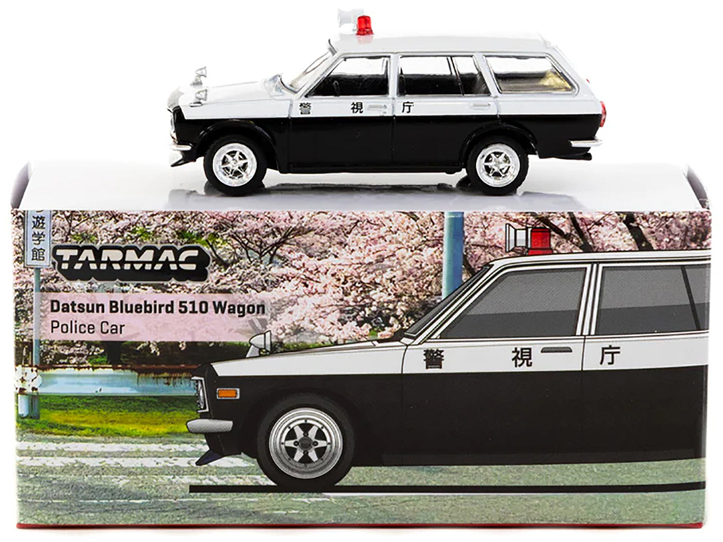 Datsun Bluebird 510 Wagon "Japan Police Car" Black and White "Global64" Series 1/64 Diecast Model by Tarmac Works