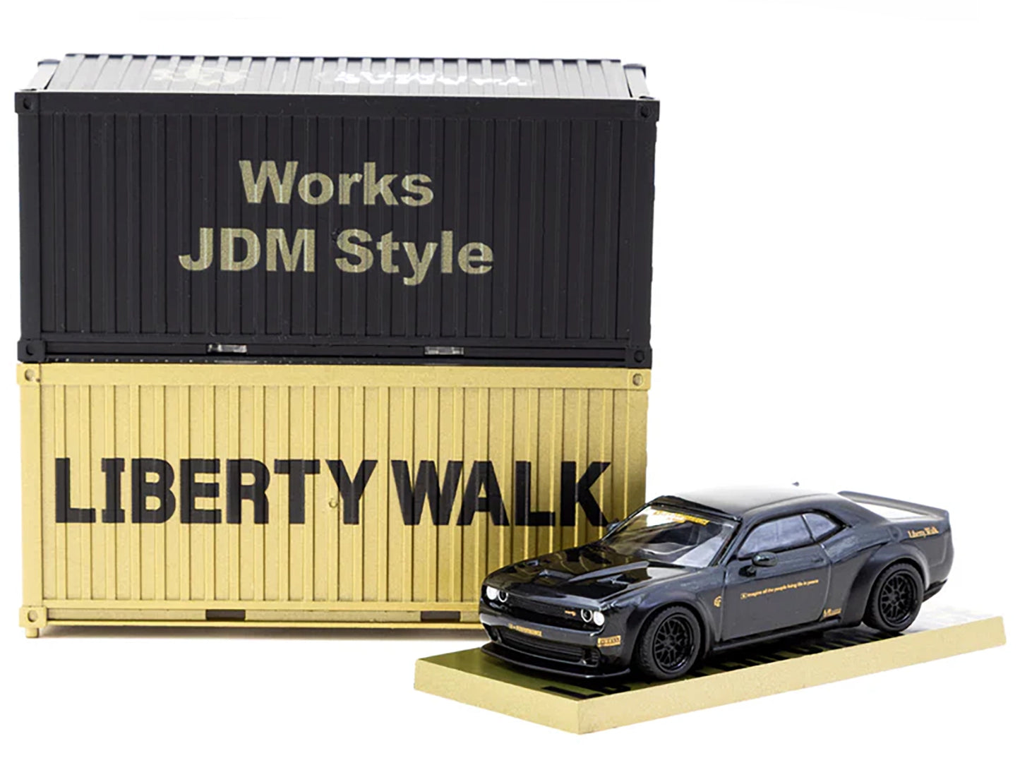 Dodge Challenger SRT Hellcat "LB-WORKS - Liberty Walk" Black Metallic with Shipping Container Display Case "Global64" Series 1/64 Diecast Model Car by Tarmac Works