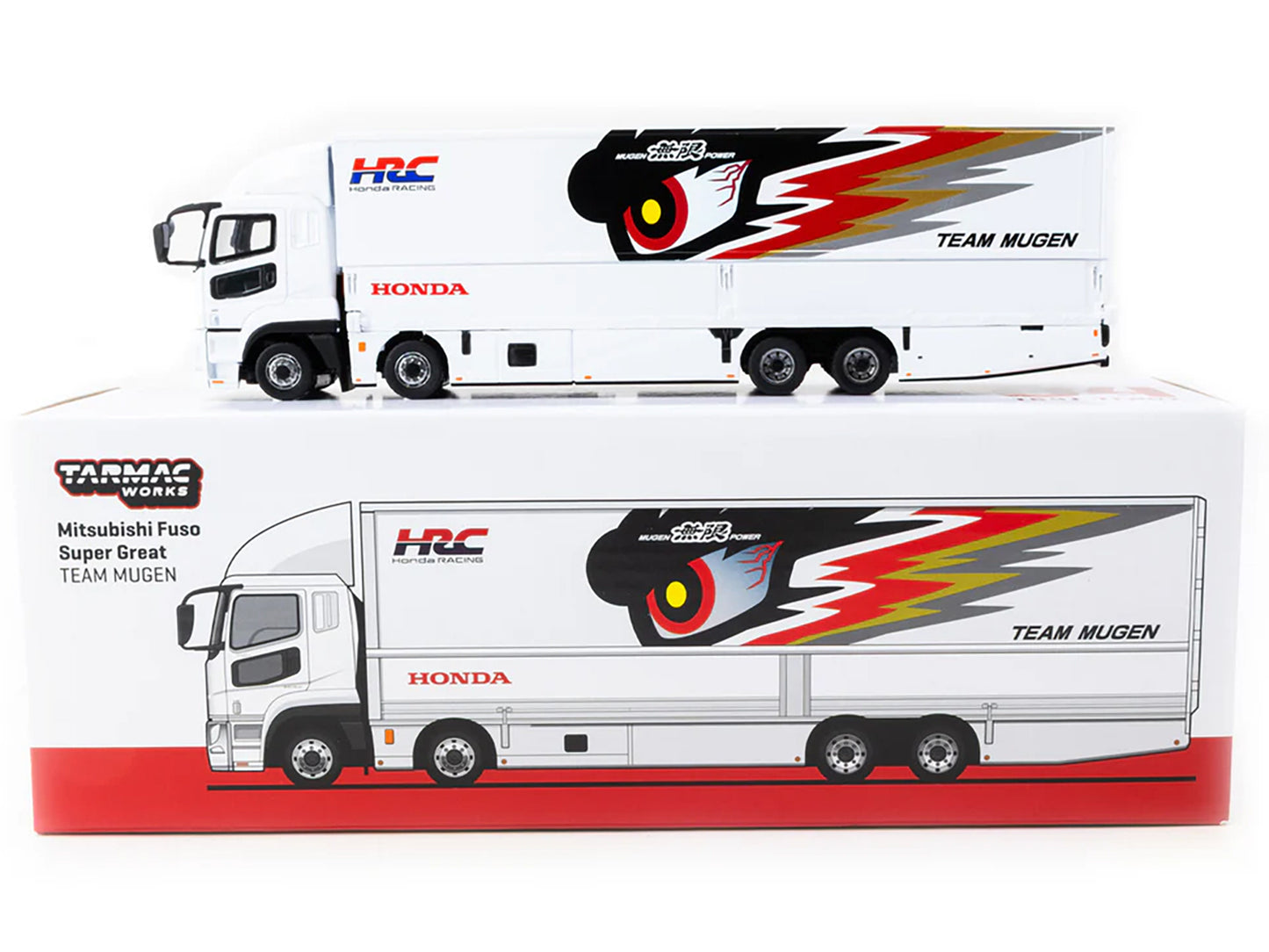 Mitsubishi Fuso Truck with Transporter "Team MUGEN - HRC" White with Graphics "Truck64" Series 1/64 Diecast Model Car by Tarmac Works