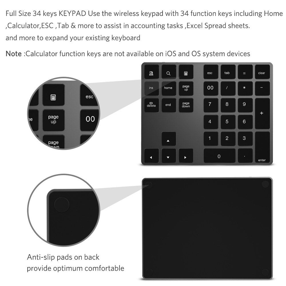 Aluminium 34-Key Wireless Numeric Bluetooth-compatible Keyboard Keypad for Windows/iOS/Android