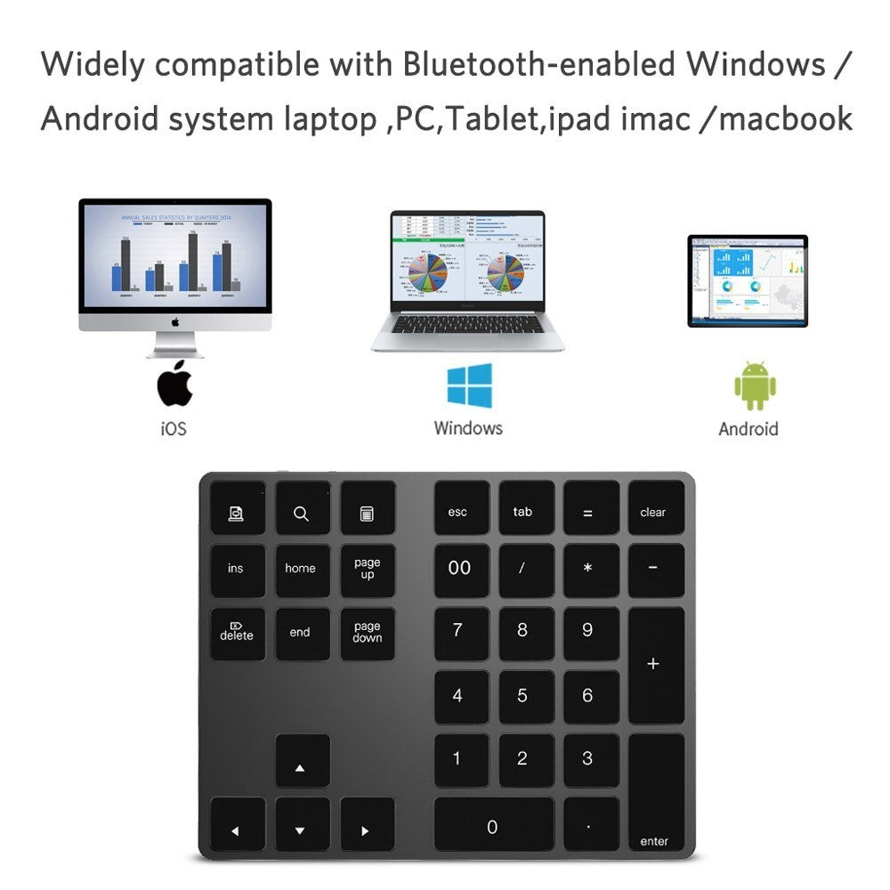 Aluminium 34-Key Wireless Numeric Bluetooth-compatible Keyboard Keypad for Windows/iOS/Android