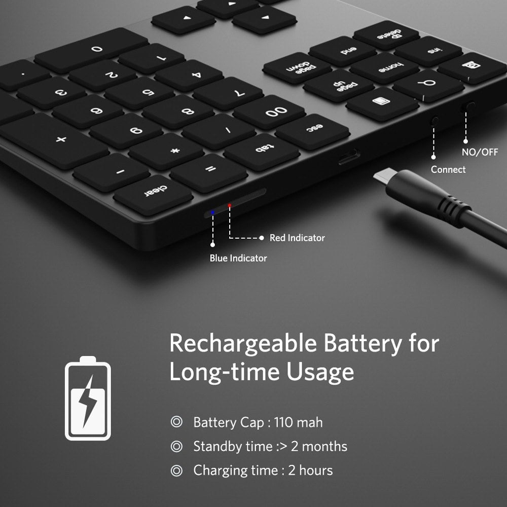 Aluminium 34-Key Wireless Numeric Bluetooth-compatible Keyboard Keypad for Windows/iOS/Android