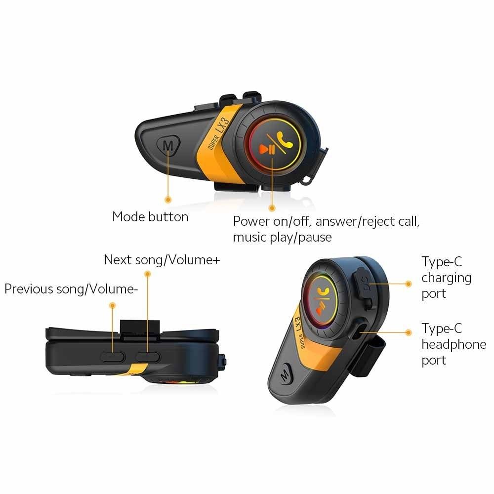SUPER LX3 Bluetooth-compatible 5.0 Headset Motorcycle Motorbike Helmet Intercom Interphone for Riding Skiing Snowmobile Scooter