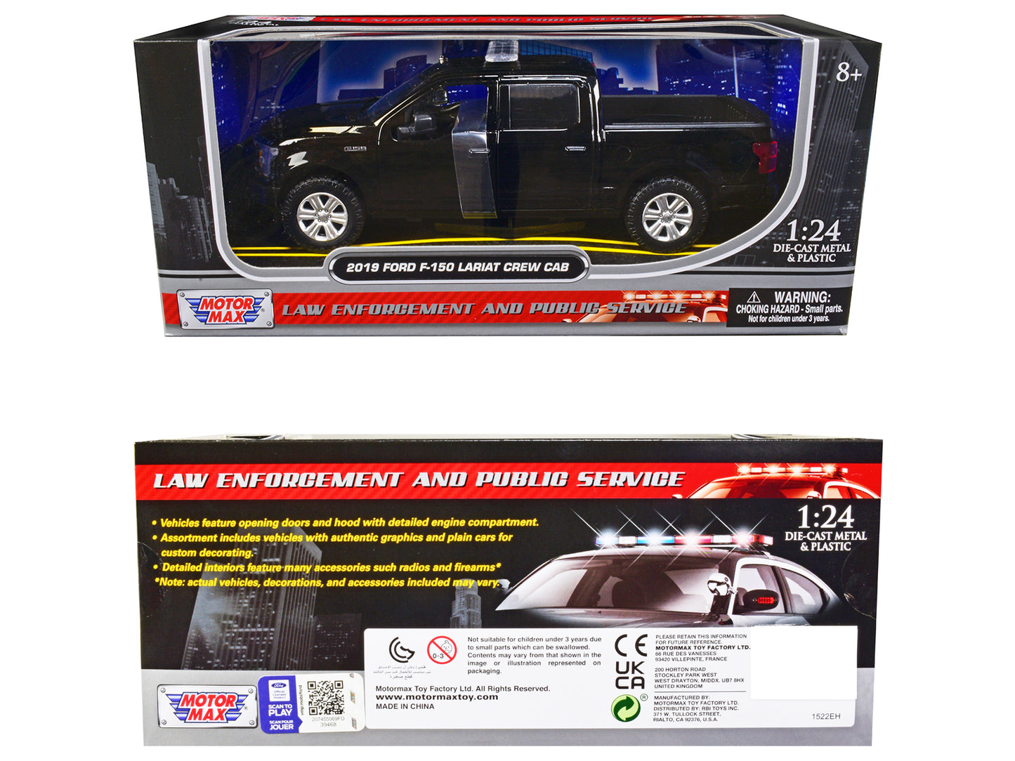 2019 Ford F-150 Lariat Crew Cab Pickup Truck Unmarked Plain Black "Law Enforcement and Public Service" Series 1/24 Diecast Model Car by Motormax