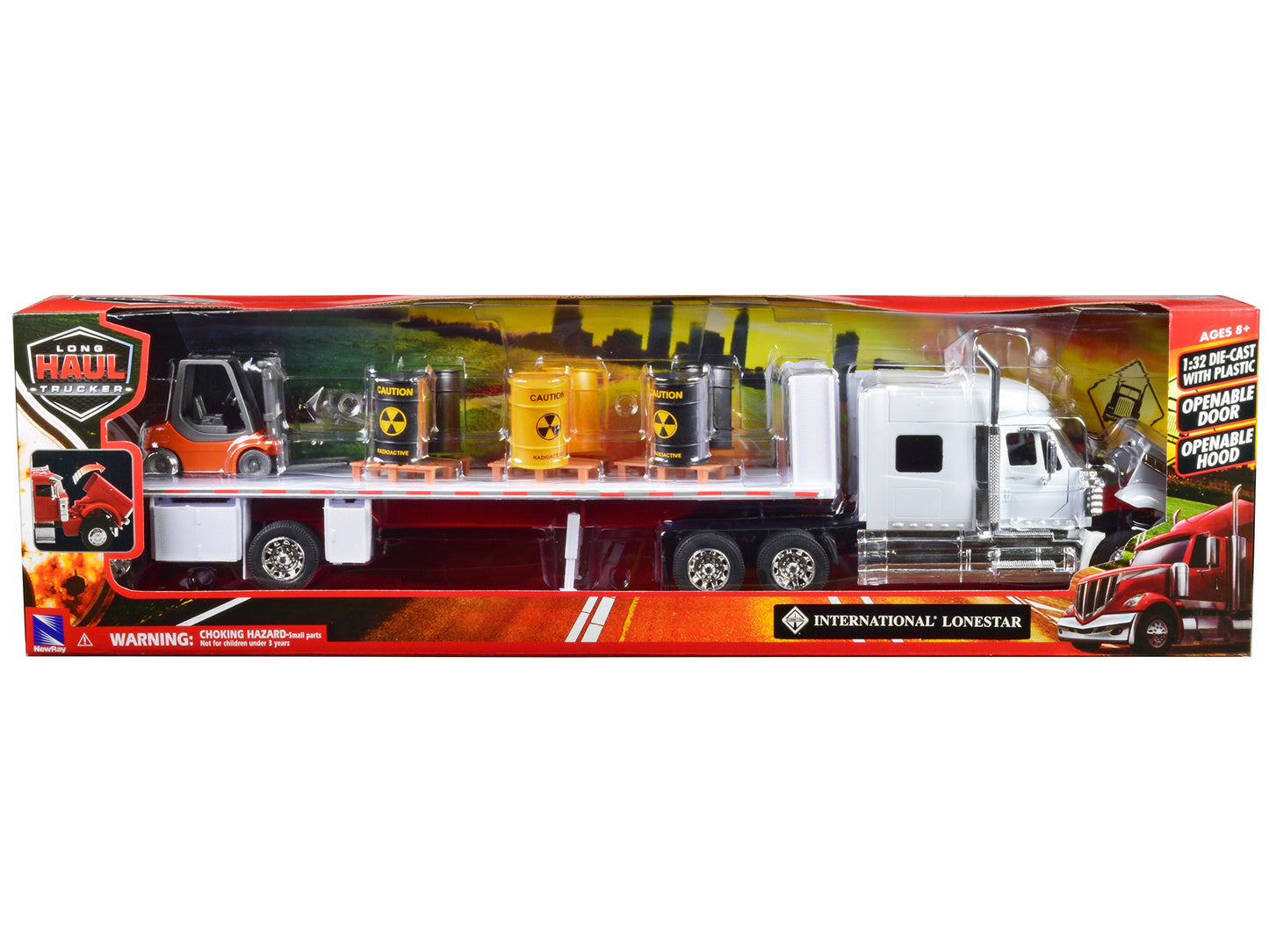 International Lonestar Flatbed Truck White with 6 Toxic Barrels 3 Pallets and Forklift "Long Haul Trucker" Series 1/32 Diecast Model by New Ray