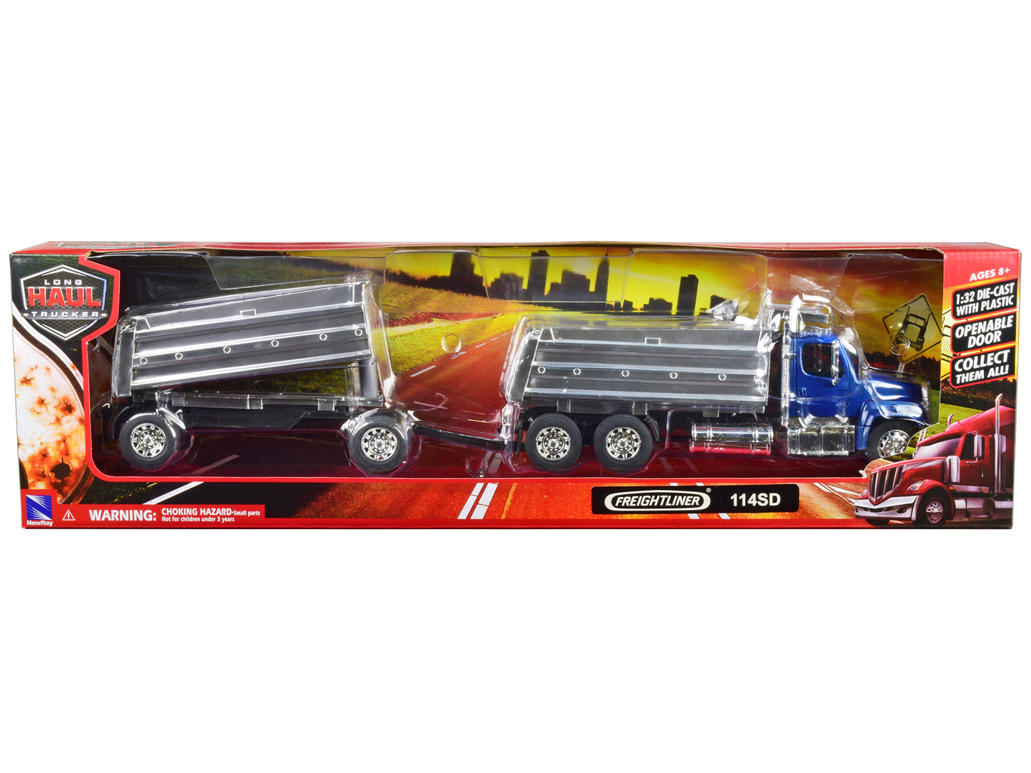 Freightliner 114SD Dump Truck with Twin Dump Body Blue "Long Haul Trucker" Series 1/32 Diecast Model by New Ray