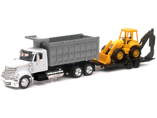 International Lonestar Dump Truck White and Wheel Loader Yellow with Flatbed Trailer "Long Haul Truckers" Series 1/43 Diecast Model by New Ray