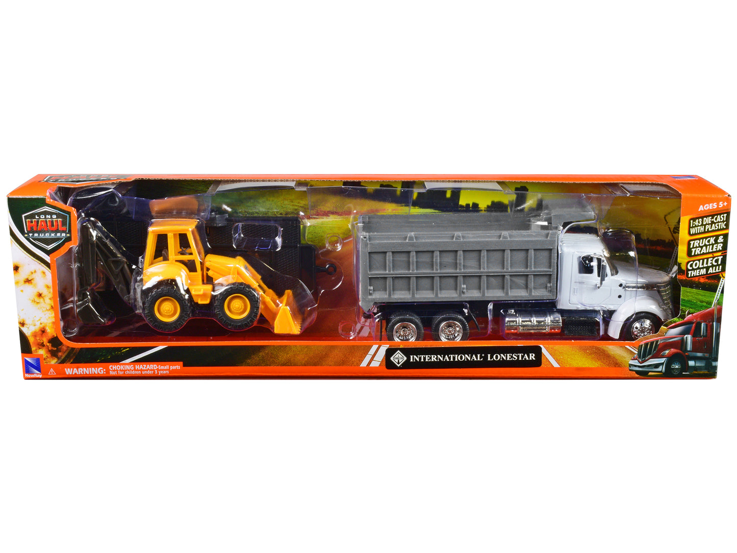 International Lonestar Dump Truck White and Wheel Loader Yellow with Flatbed Trailer "Long Haul Truckers" Series 1/43 Diecast Model by New Ray