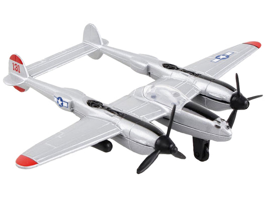 Lockheed P-38J Lightning Fighter Aircraft Silver Metallic "United States Army Air Force" with Runway Section Diecast Model Airplane by Runway24