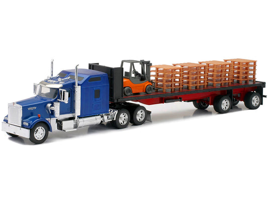 Kenworth W900 Truck with Flatbed Trailer Blue with Forklift and Pallets "Long Haul Truckers" Series 1/32 Diecast Model by New Ray