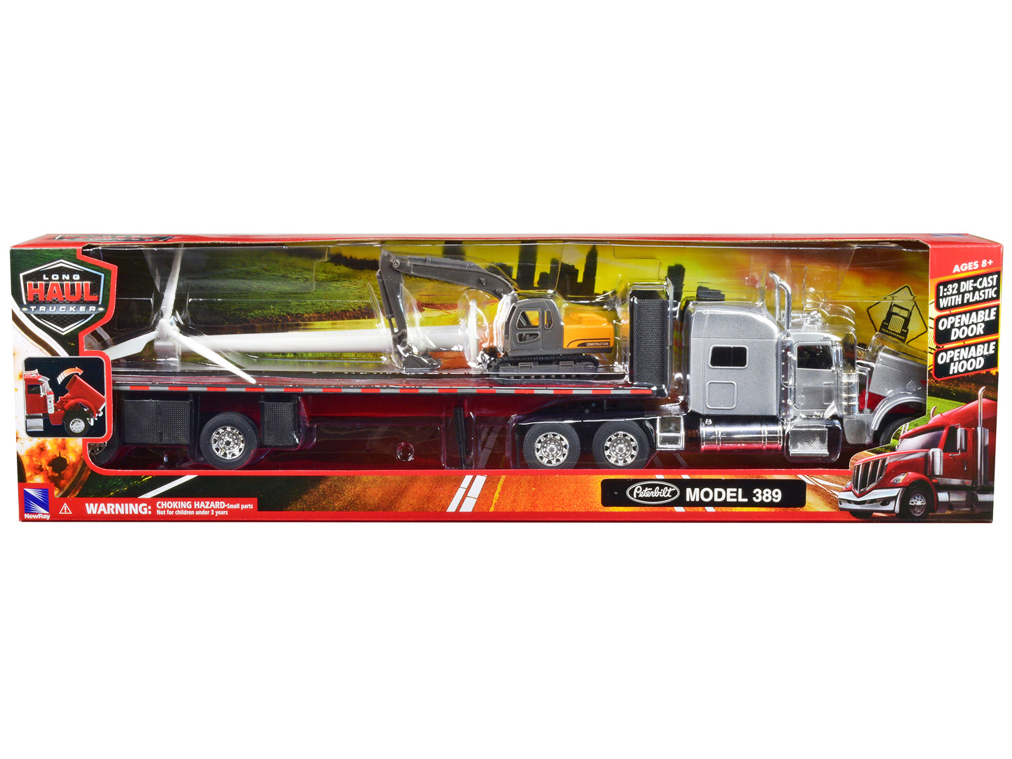 Peterbilt 389 Truck with Flatbed Trailer Silver Metallic with Excavator and Wind Turbine "Long Haul Truckers" Series 1/32 Diecast Model by New Ray
