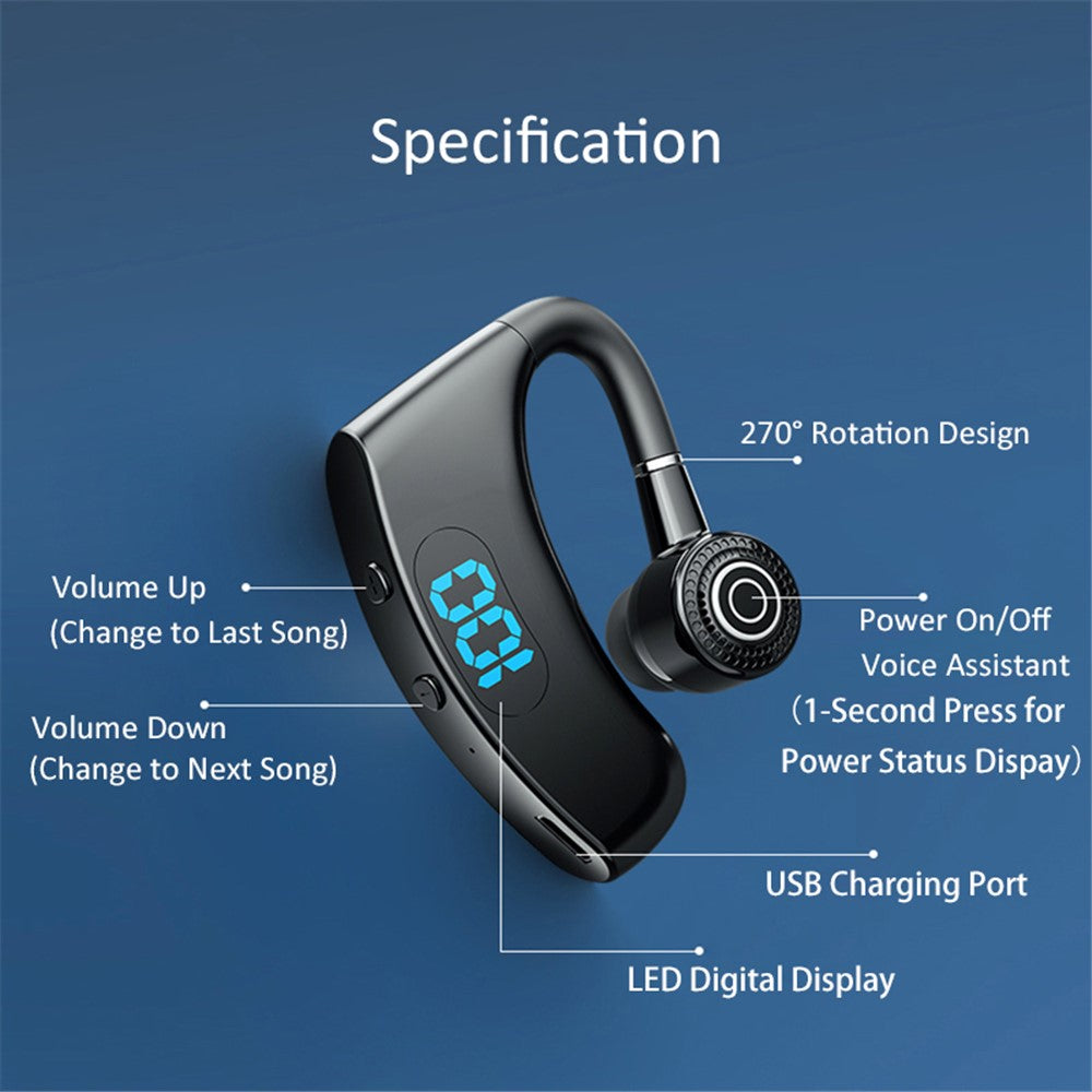 V12 Business Single Ear Digital Display Wireless Earhook Bluetooth-compatible Headset Hands-free Call Earphone with Charging Case