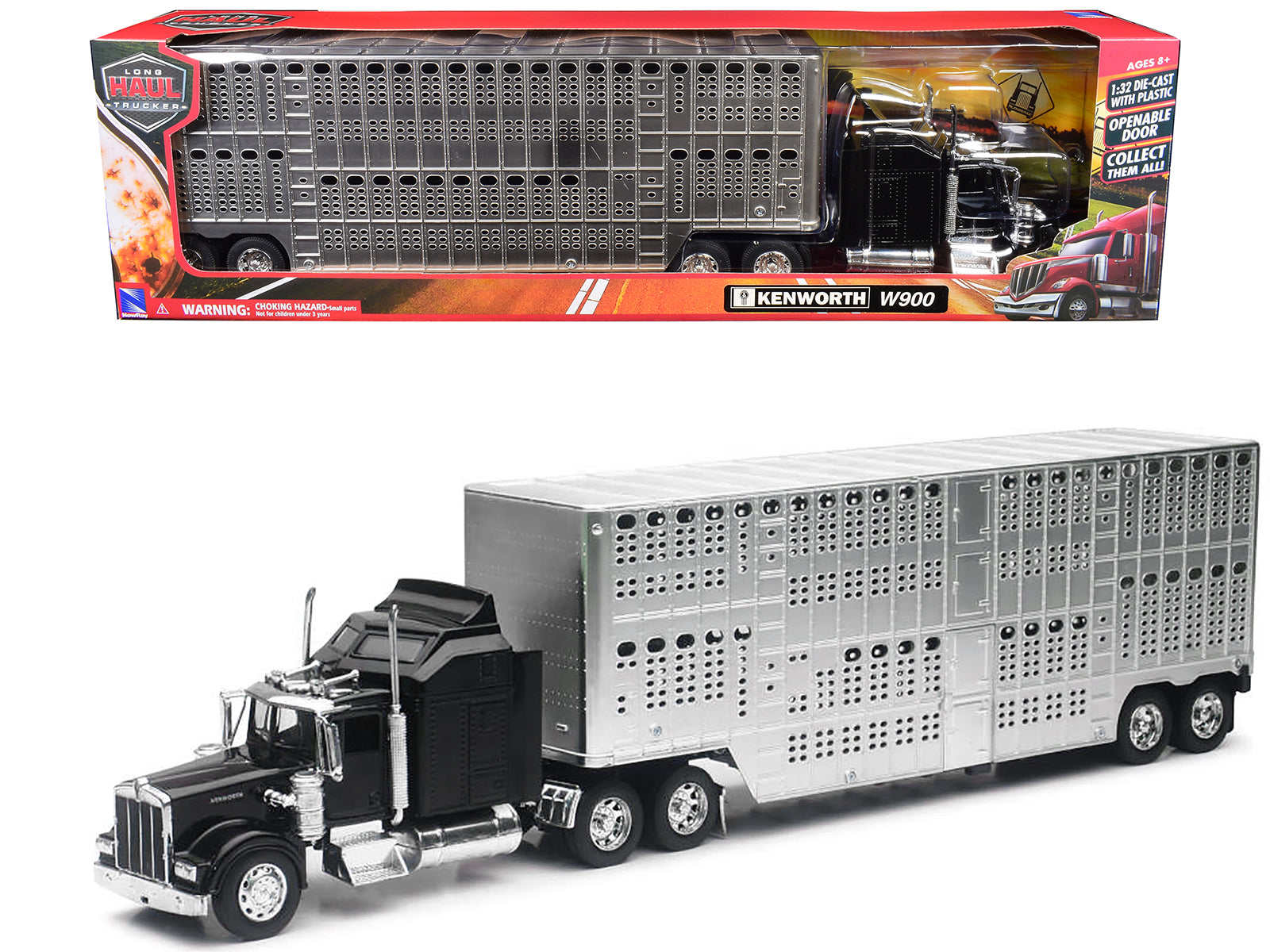 Kenworth W900 Truck Black with Pot Belly Livestock Chrome "Long Haul Truckers" Series 1/32 Diecast Model by New Ray