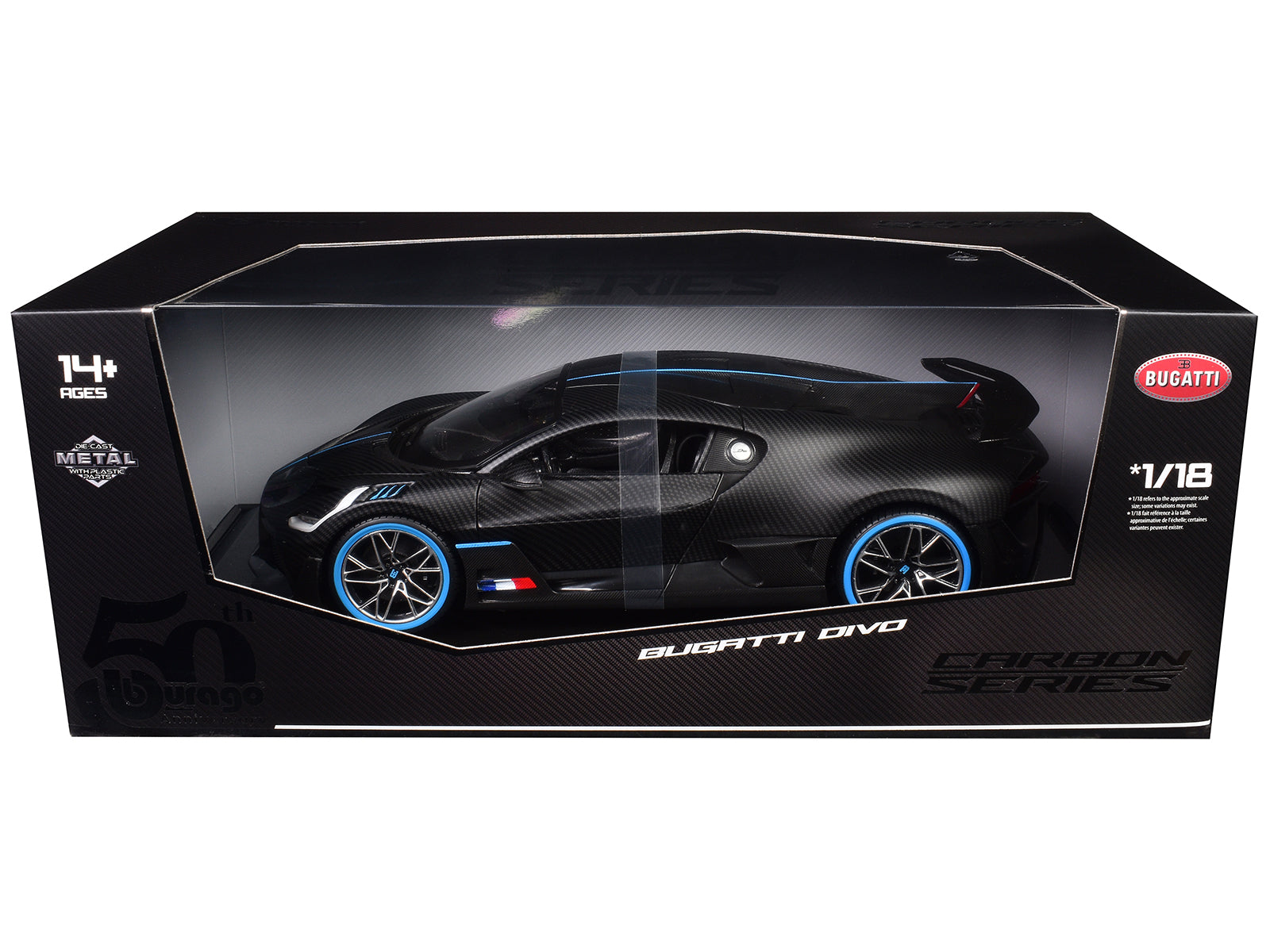 Bugatti Divo Carbon Fiber with Blue Accents "Carbon Series - Bburago 50th Anniversary" 1/18 Diecast Model Car by Bburago