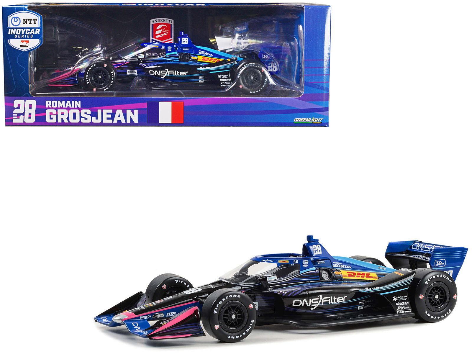 Dallara IndyCar #28 Romain Grosjean "DNSFilter" Andretti Autosport (Road Course Configuration) "NTT IndyCar Series" (2023) 1/18 Diecast Model Car by Greenlight