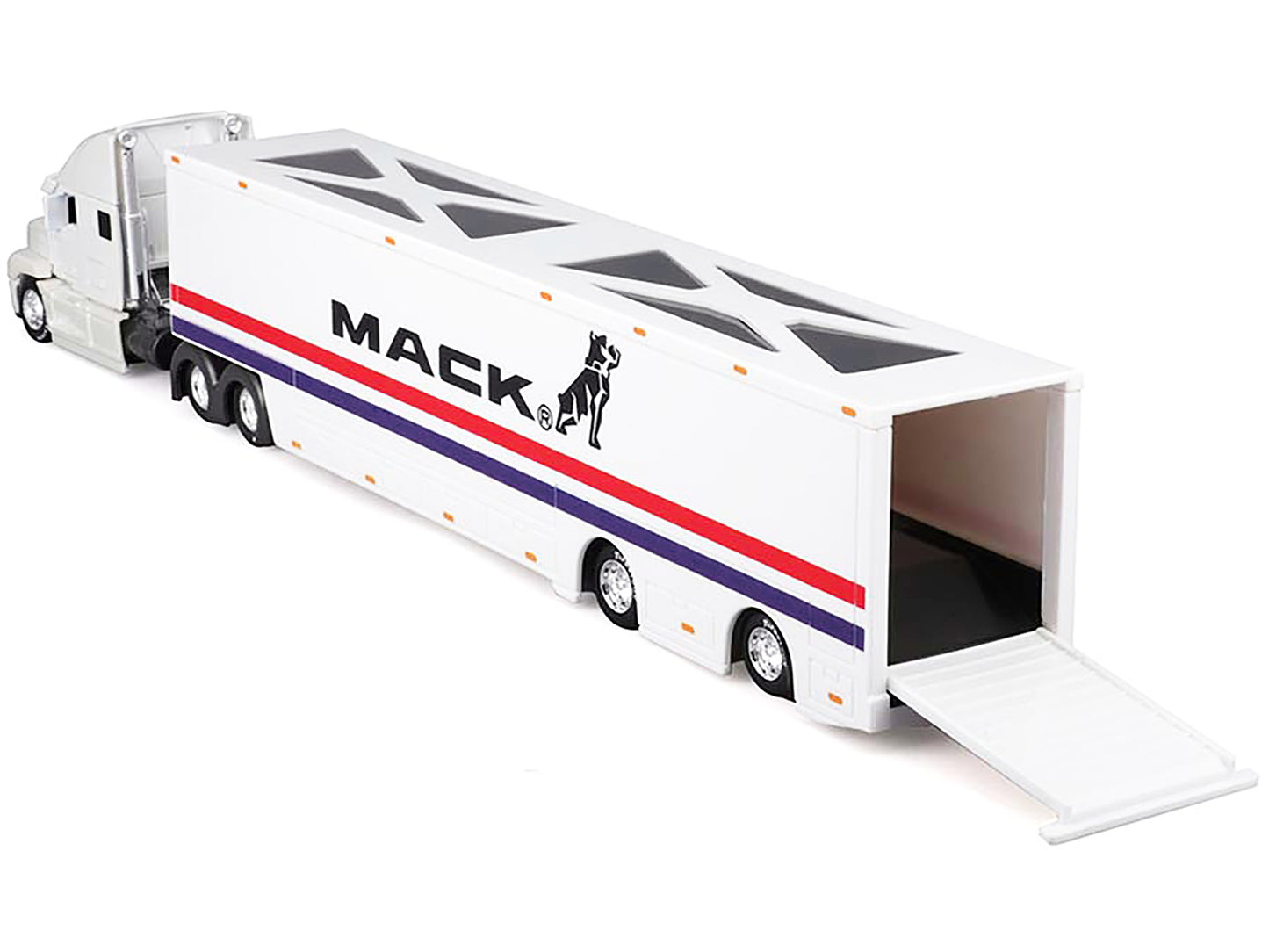 Mack Anthem Enclosed Car Transporter "Mack" White with Red and Blue Stripes "Custom Haulers" Series 1/64 Diecast Model by Maisto