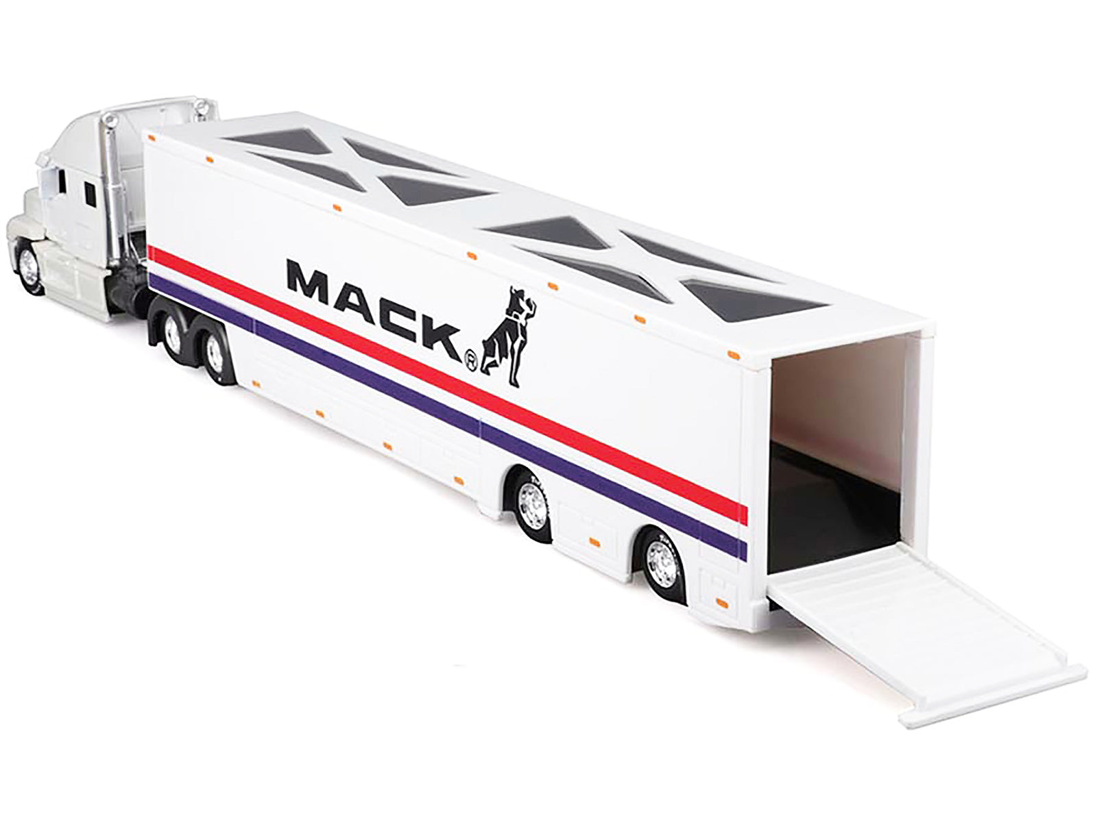 Mack Anthem Enclosed Car Transporter "Mack" White with Red and Blue Stripes "Custom Haulers" Series 1/64 Diecast Model by Maisto