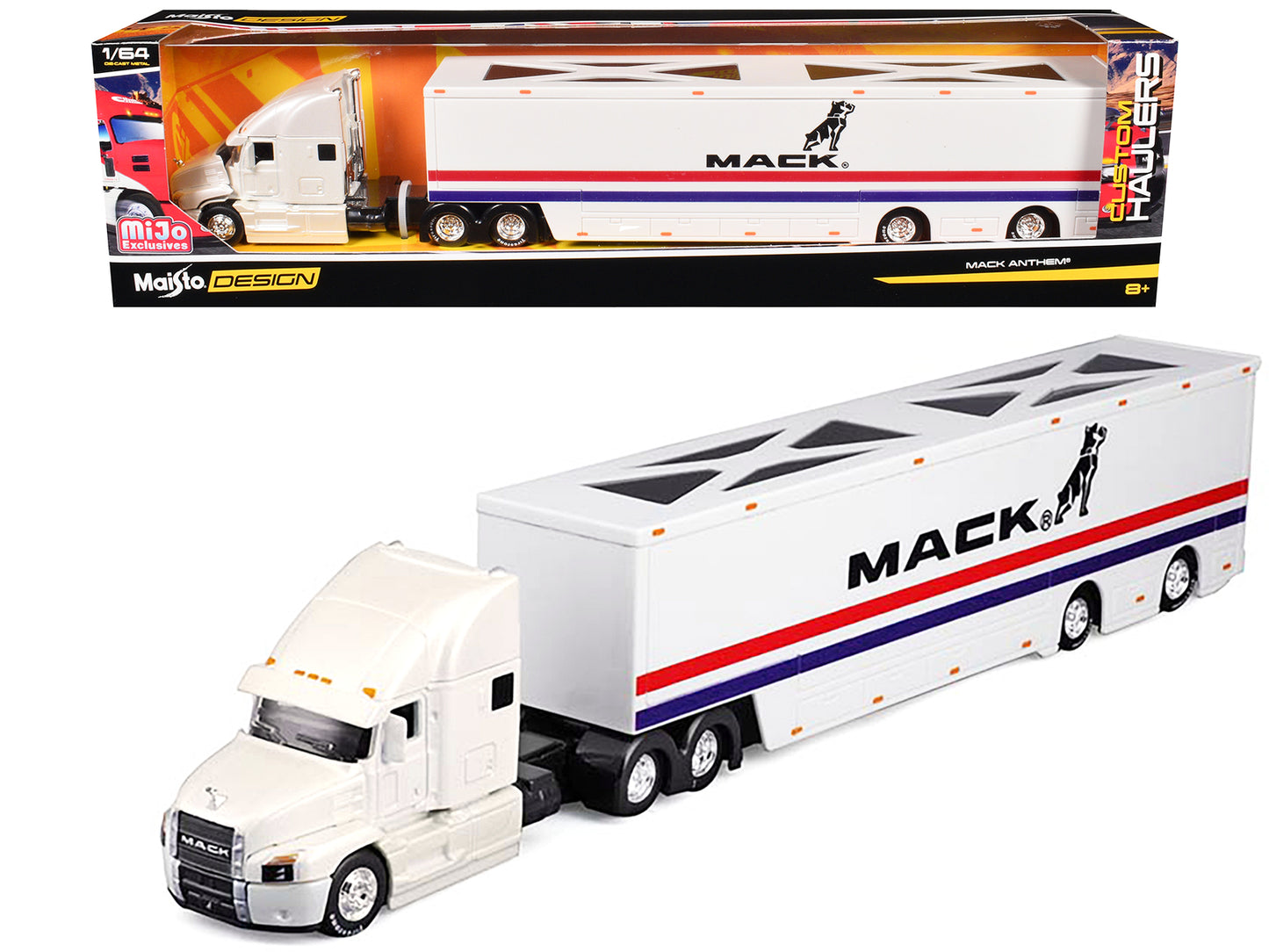 Mack Anthem Enclosed Car Transporter "Mack" White with Red and Blue Stripes "Custom Haulers" Series 1/64 Diecast Model by Maisto