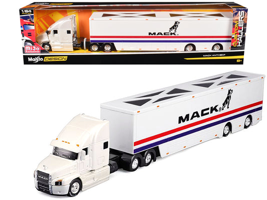 Mack Anthem Enclosed Car Transporter "Mack" White with Red and Blue Stripes "Custom Haulers" Series 1/64 Diecast Model by Maisto