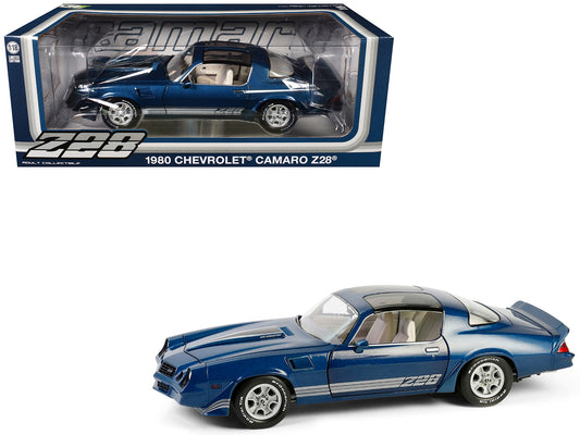 1980 Chevrolet Camaro Z28 with T-Tops Dark Blue Metallic with Stripes and Light Gray Interior 1/18 Diecast Model Car by Greenlight