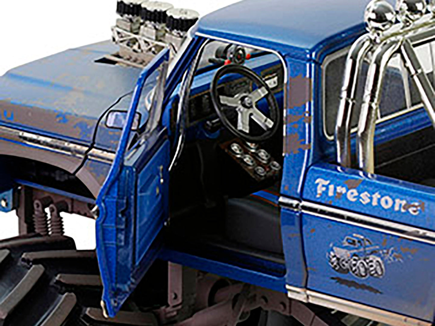 1974 Ford F-250 Monster Truck with 66-Inch Tires Blue "Bigfoot #1" (Dirty Version) "Kings of Crunch" Series 1/18 Diecast Model Car by Greenlight