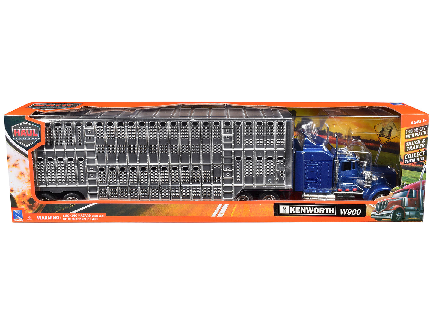 Kenworth W900 Truck Blue with Potbelly Livestock Trailer Chrome "Long Haul Truckers" Series 1/43 Diecast Model by New Ray