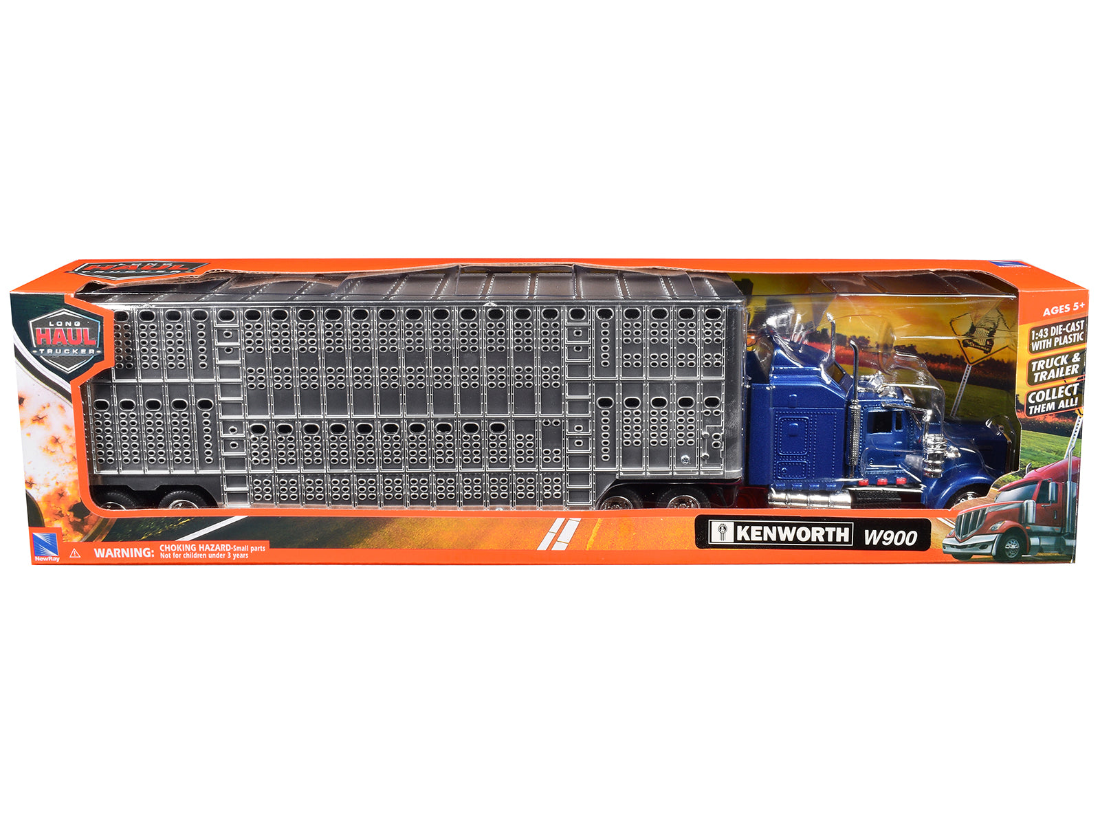 Kenworth W900 Truck Blue with Potbelly Livestock Trailer Chrome "Long Haul Truckers" Series 1/43 Diecast Model by New Ray