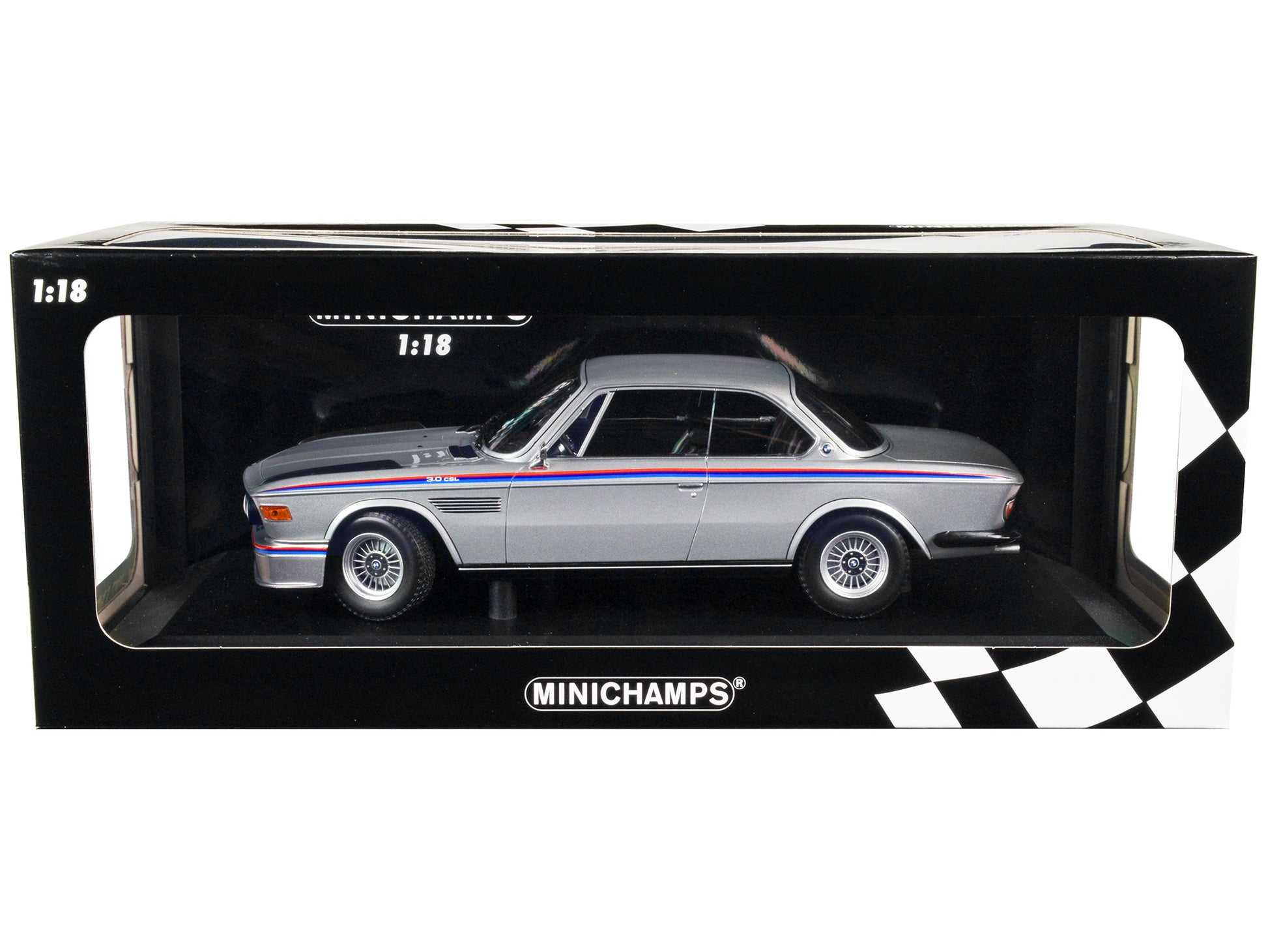 1973 BMW 3.0 CSL Silver Metallic with Red and Blue Stripes Limited Edition to 540 pieces Worldwide 1/18 Diecast Model Car by Minichamps