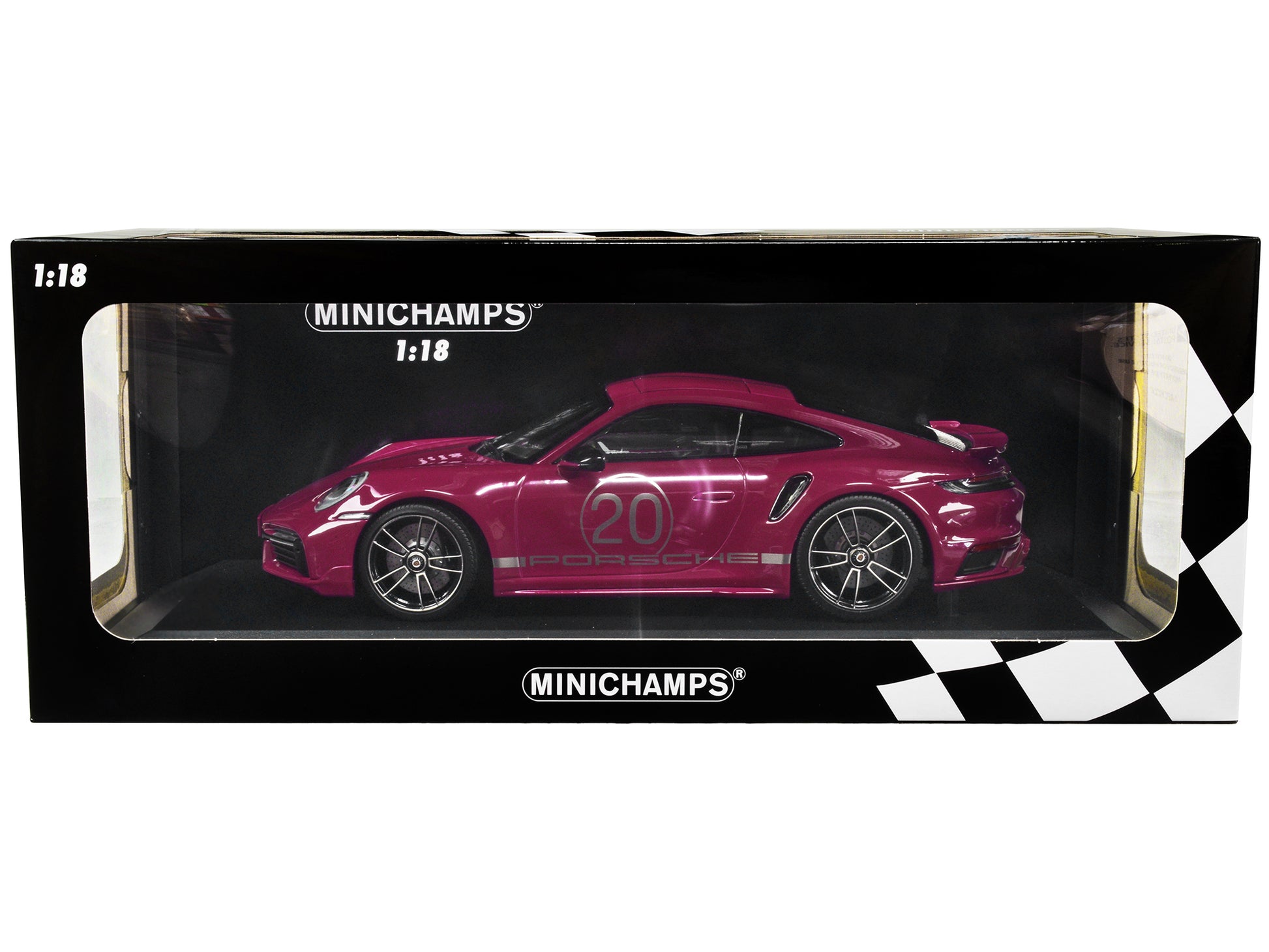 2021 Porsche 911 Turbo S with SportDesign Package #20 Red Violet with Silver Stripes Limited Edition to 504 pieces Worldwide 1/18 Diecast Model Car by Minichamps