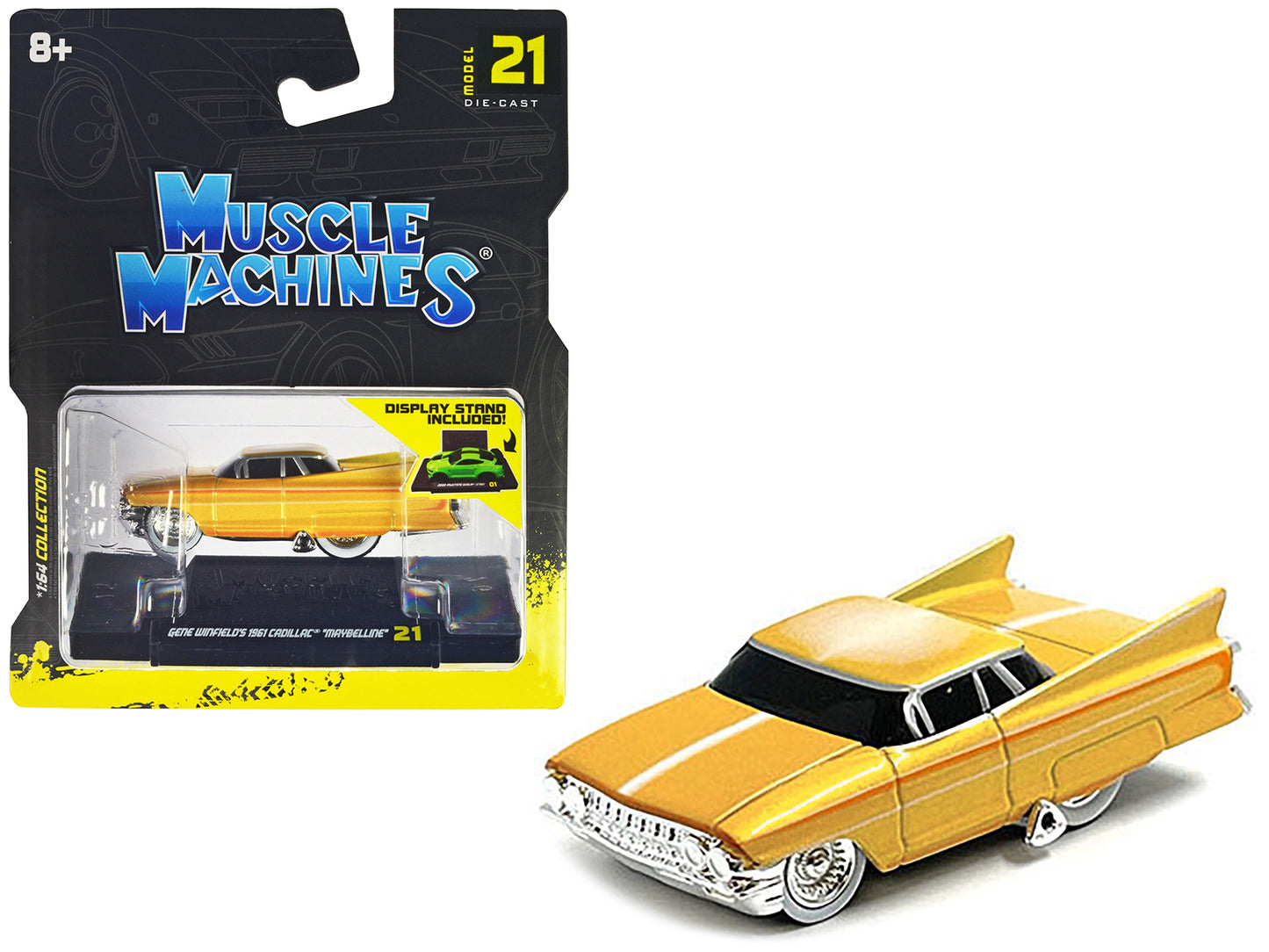Gene Winfield‚Äôs 1961 Cadillac Maybelline Yellow Metallic with White Stripes 1/64 Diecast Model Car by Muscle Machines