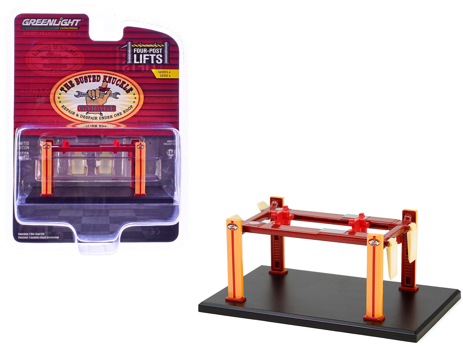 Adjustable Four-Post Lift "Busted Knuckle Garage" Red and Yellow "Four-Post Lifts" Series 6 1/64 Diecast Model by Greenlight